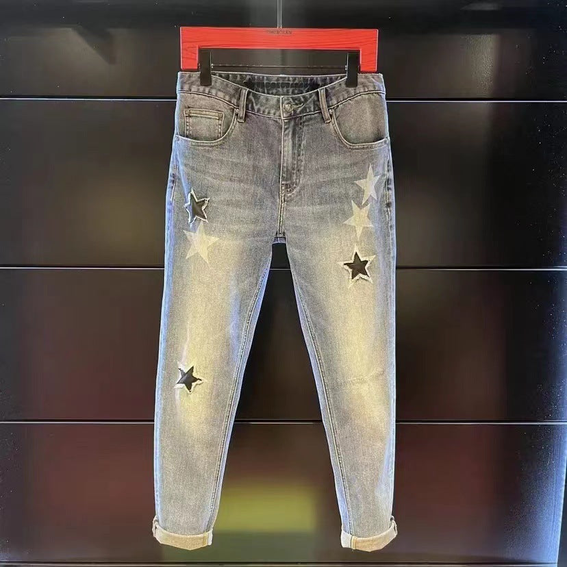 Trendy Retro Casual Slim Straight Jeans Men's Light Color Printing