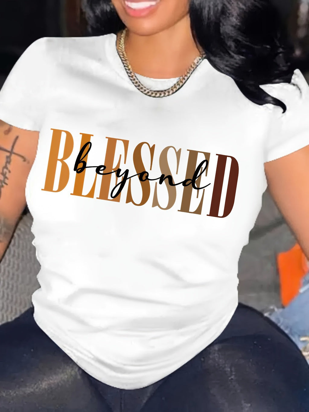 T-shirt donna Valstrend crew neck con stampa Blessed Letter, manica corta, casual per primavera e estate, abbigliamento femminile.