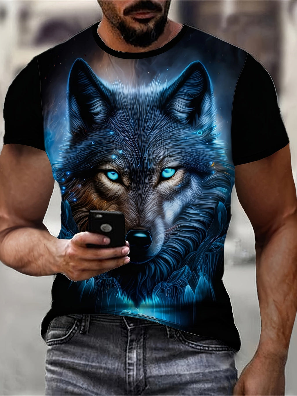 T-shirt casual da uomo Valstrend con stampa grafica di lupo a maniche corte e collo rotondo, ideale per attività all'aperto.