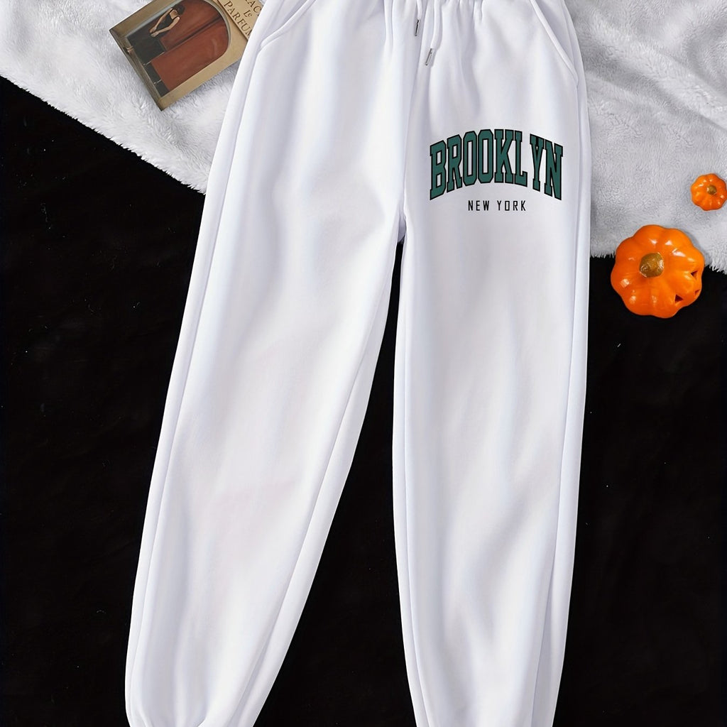 Letter Print Drawstring Joggers, Casual Pocket Elastic Waist Pants, Women's Clothing