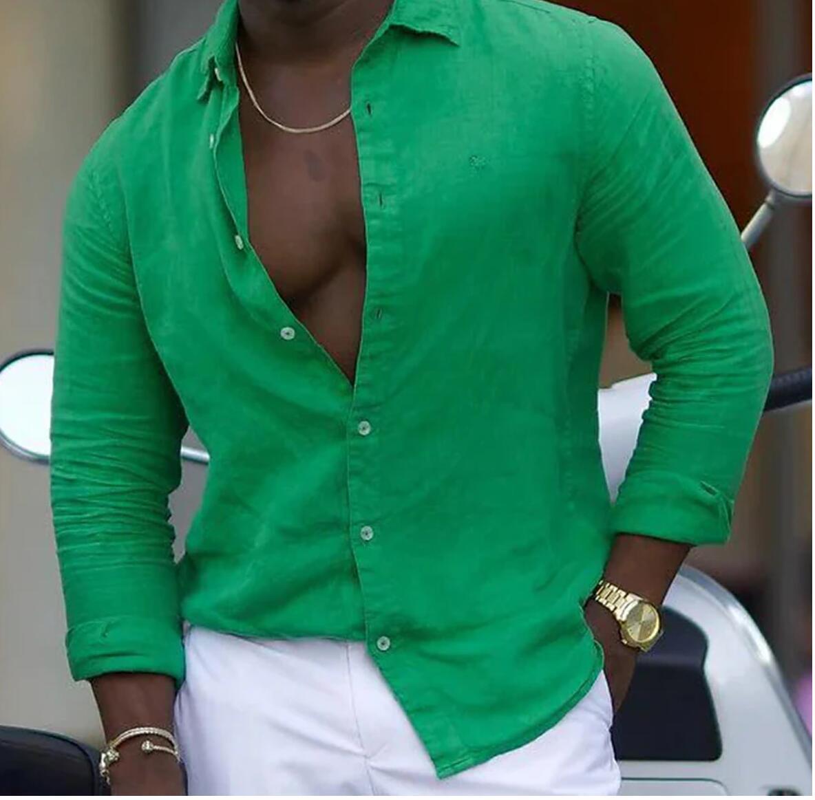 Camicia da uomo a maniche lunghe in cotone e lino, colore solido, stile casual con colletto polo, marchio Valstrend.