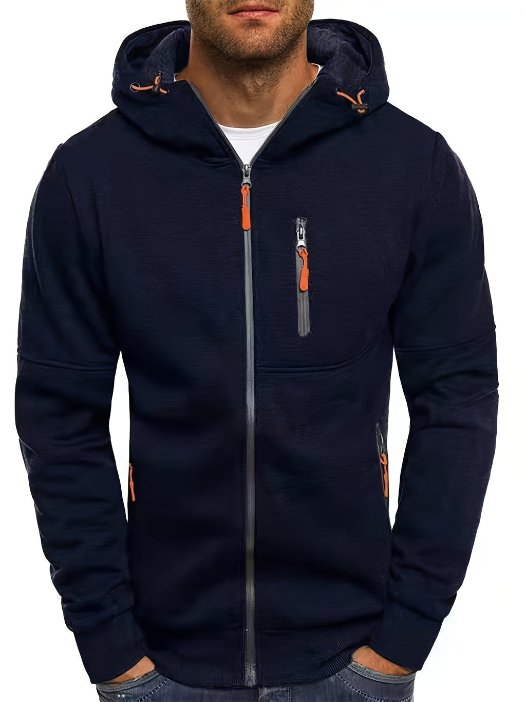 Men's Casual Hooded Jacket - Full Zip, Long Sleeve, Polyester Blend, Solid Color with Kangaroo Pocket - Perfect for Fall & Winter, for Autumn, Spring