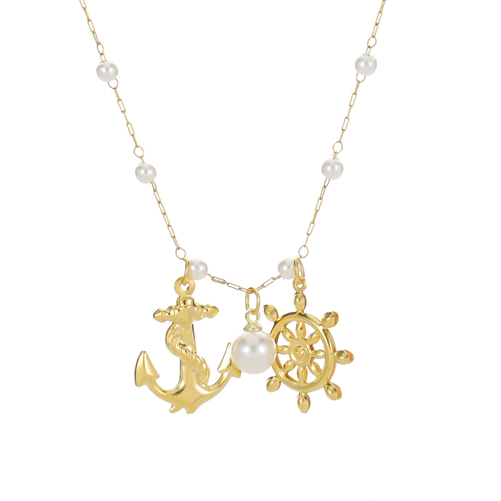 Collana in acciaio inossidabile con ancora a stella marina e pesci, gioiello marittimo elegante e resistente, design nautico.