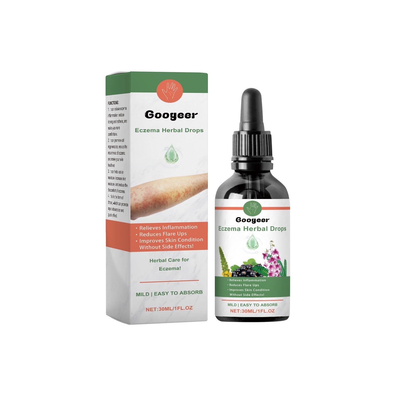Gocce erboristiche per eczema di Valstrend Shop, bottiglia con contagocce e etichetta verde, ideale per trattamento naturale della pelle.