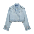 Giacca di jeans stile francese slim con cintura, windbreaker, potente e alla moda, marca Valstrend, vista frontale.