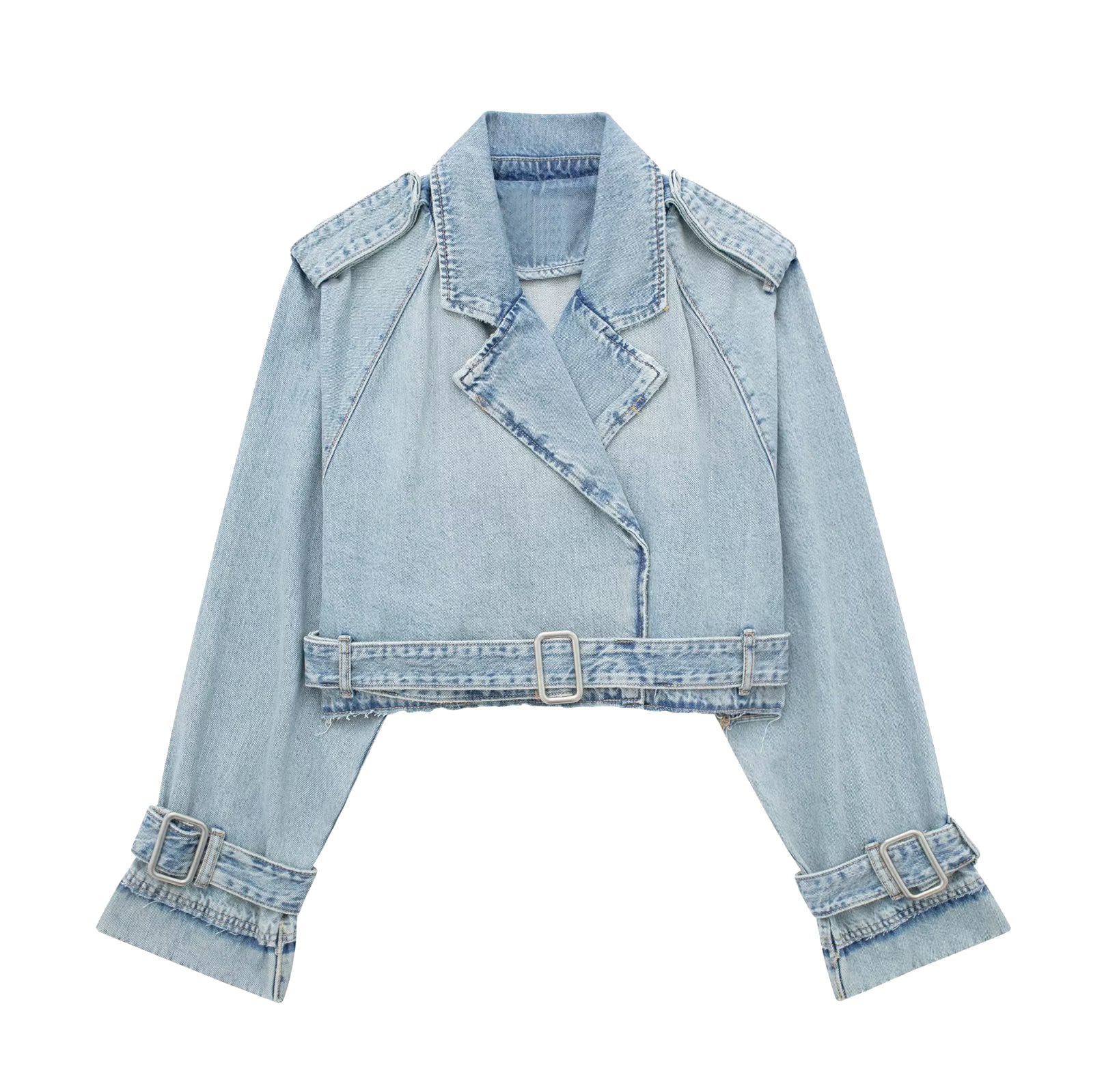 Giacca di jeans stile francese slim con cintura, windbreaker, potente e alla moda, marca Valstrend, vista frontale.