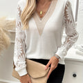 T-shirt donna Valstrend con scollo a V, maniche lunghe e fantasia floreale in pizzo guipure, tessuto a rete elegante per primavera e autunno.