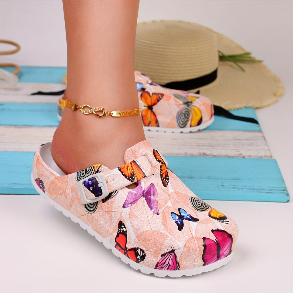 Women's Butterfly Printed Garden Clogs, Trendy Soft Sole Pillow Shoes, Light And Smooth Clogs For Holidays
