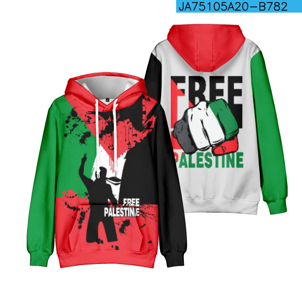Felpa con cappuccio in poliestere Valstrend shop, giacca hoodie rifinita in fibra di poliestere palestinese, mostra dettagli e tessuto.