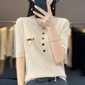 Maglione donna con scollo a V, colore solido, bottoni frontali, stile alla moda, marchio Valstrend.
