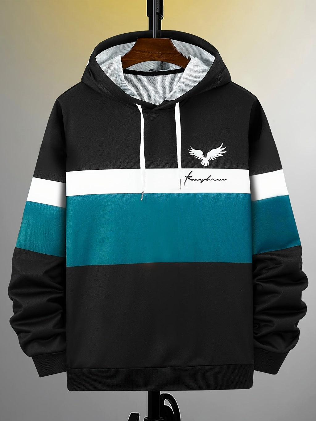 Felpa con cappuccio da uomo Valstrend con stampa grafica, blocchi di colore, coulisse, tessuto elasticizzato in poliestere e spandex, vestibilità slim
