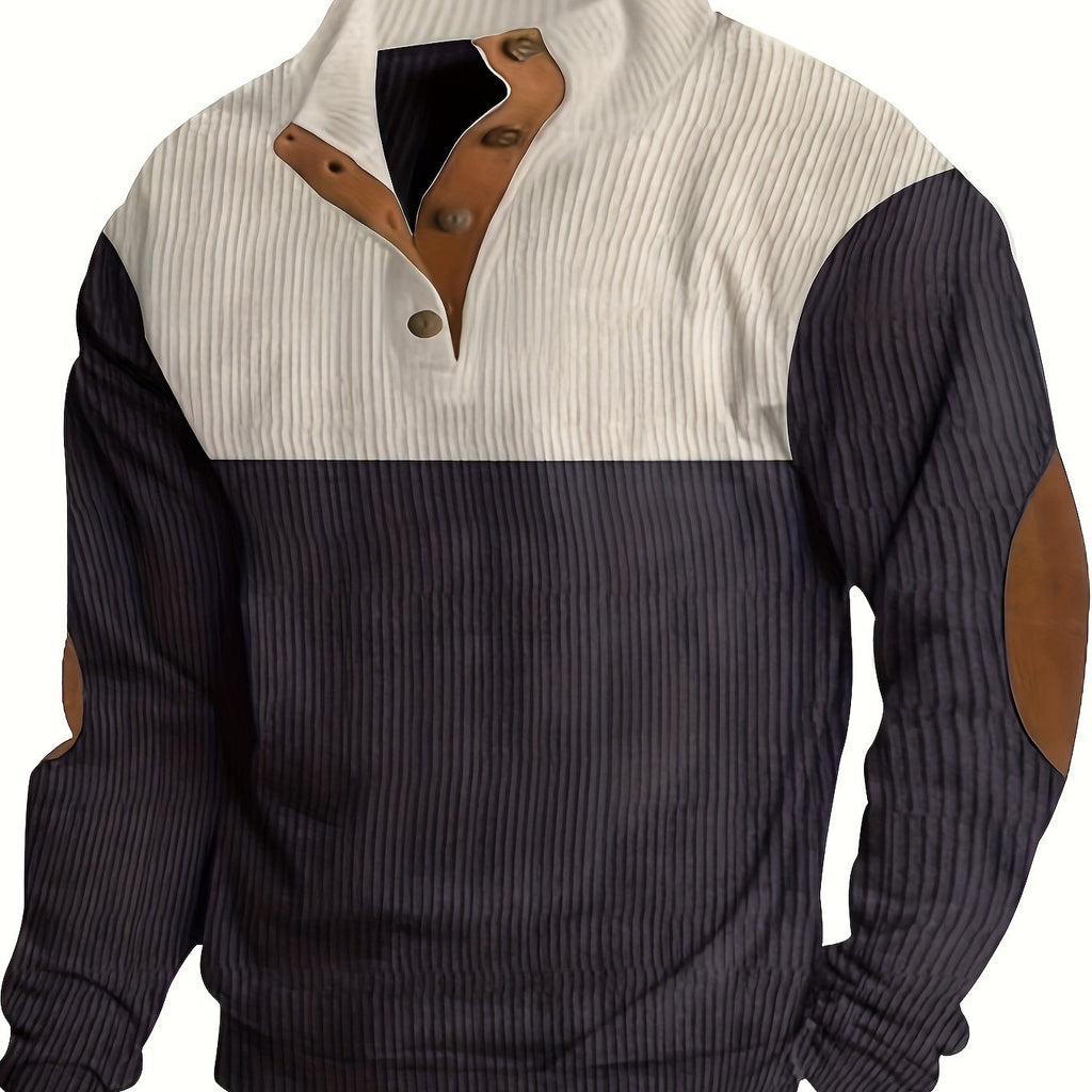 1pc Men'S Fashion Color Block Henley Shirt, Long Sleeve, Polyester Knit, Regular Fit, Stand Collar, Solid Pattern, Casual Top for Spring/Autumn