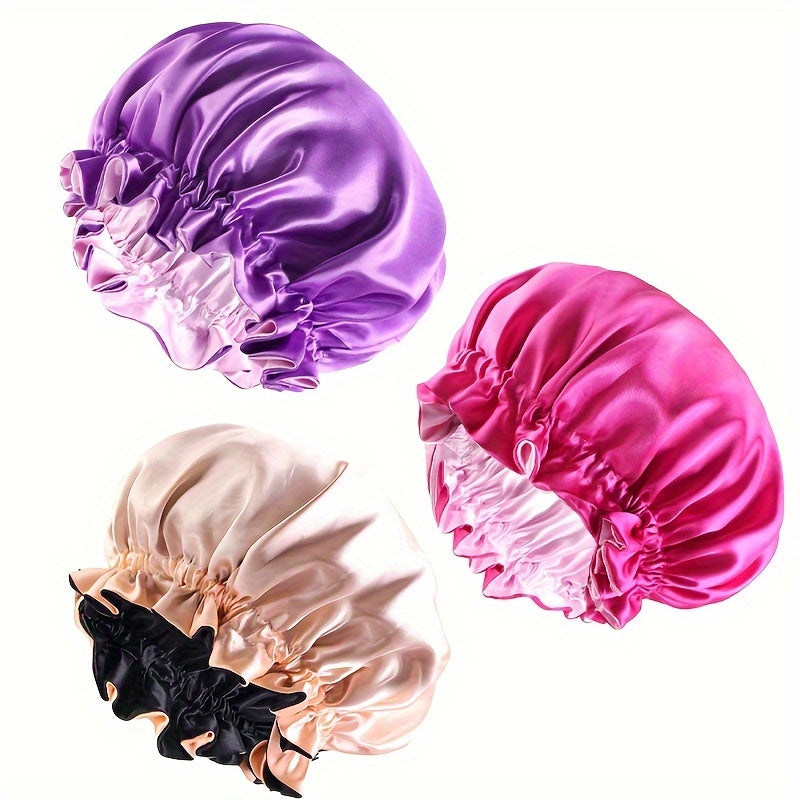 Set di 3 cuffie da notte in pizzo doppio strato, cappello per trucco e doccia in poliestere morbido, bonnet per cura dei capelli.
