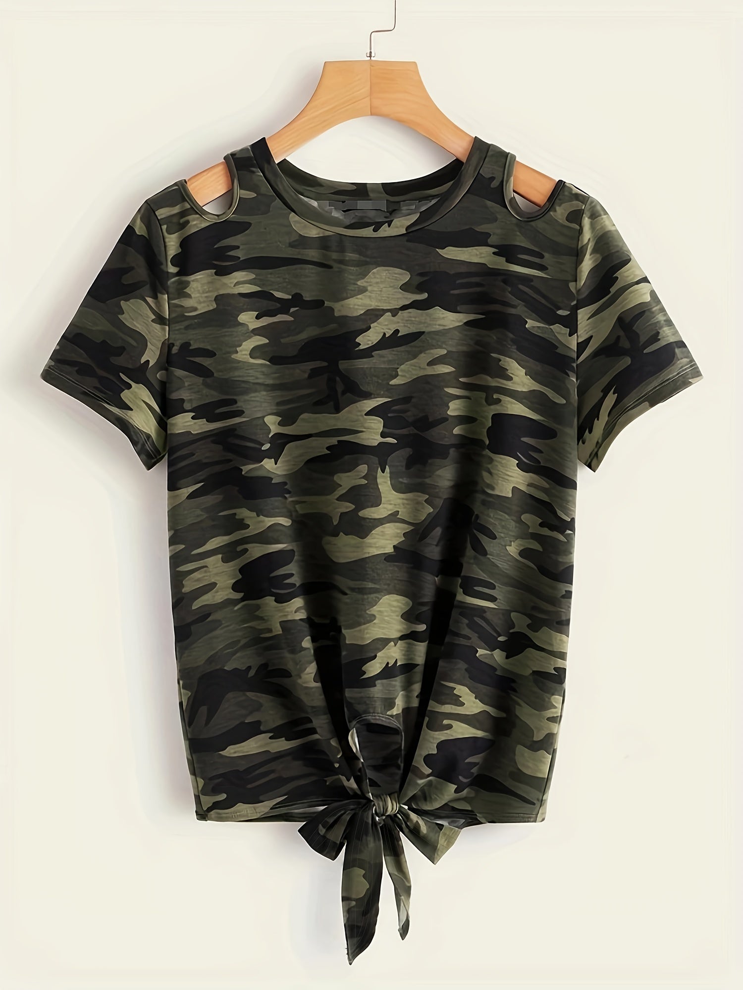Camo Print Knot Hem Crew Neck T-Shirt, Cut Out Short Sleeve T-Shirt For Spring & Summer, Women's Clothing