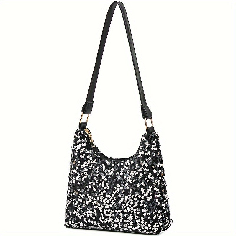 Chic Sequin Crossbody Bag for Women - Versatile Nylon Shoulder Purse with Adjustable Strap, Zip Closure - Black