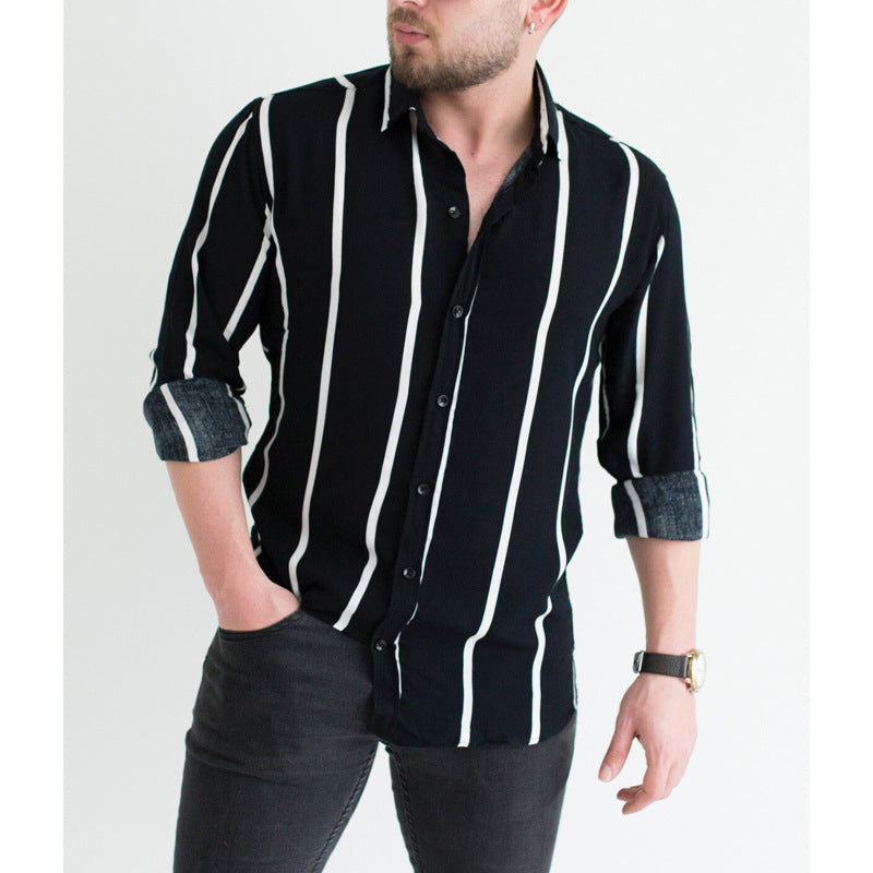 Camicia da uomo Valstrend con stampa a righe e colletto a capo, stile business casual, tessuto leggero e comodo.
