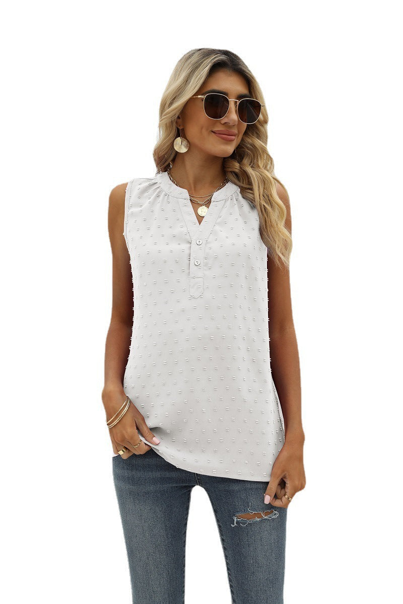 Camicia in chiffon color solido di Valstrend, smanicata con scollo a V e dettaglio jacquard, vestibilità casual e ampia.
