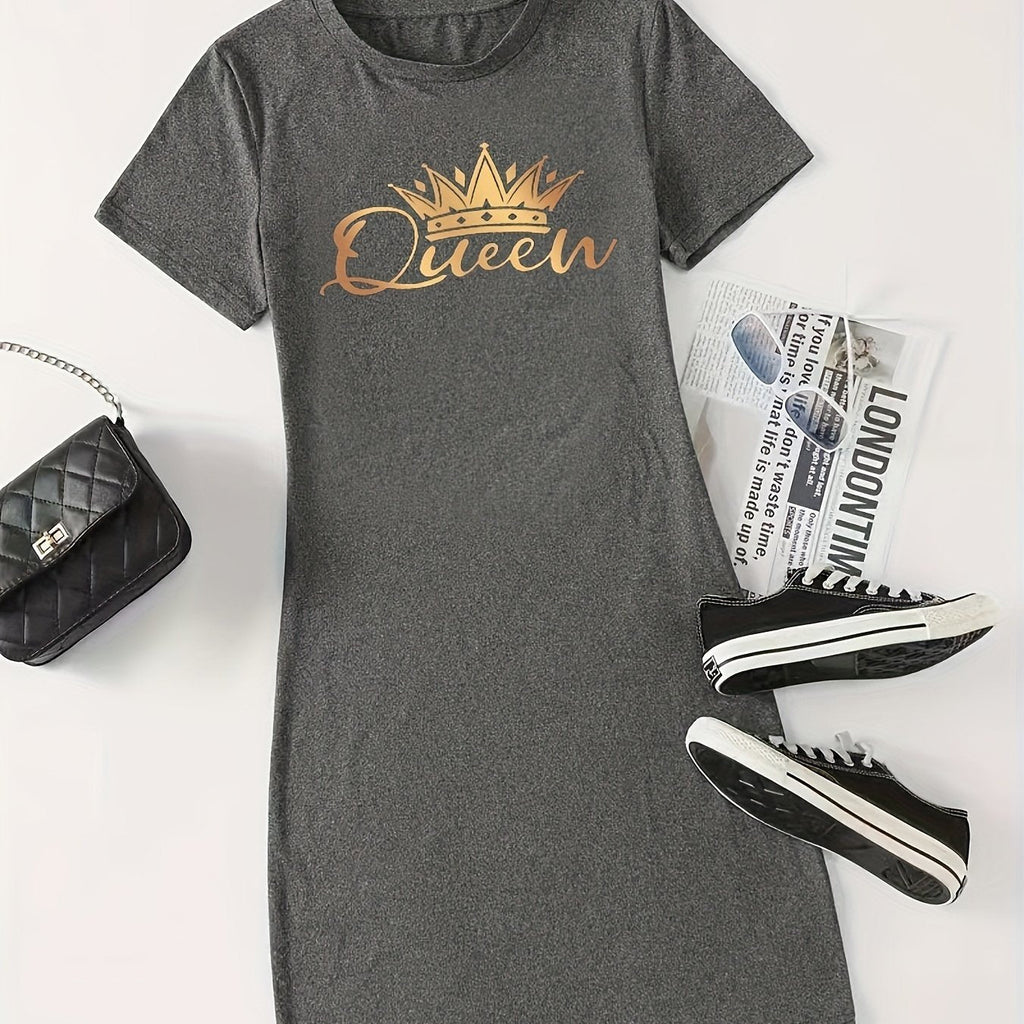 Queen Print Bodycon Dress, Chic Short Sleeve Dress For Spring & Summer, Women's Clothing