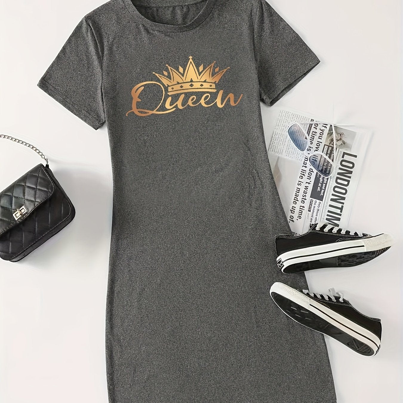 Queen Print Bodycon Dress, Chic Short Sleeve Dress For Spring & Summer, Women's Clothing