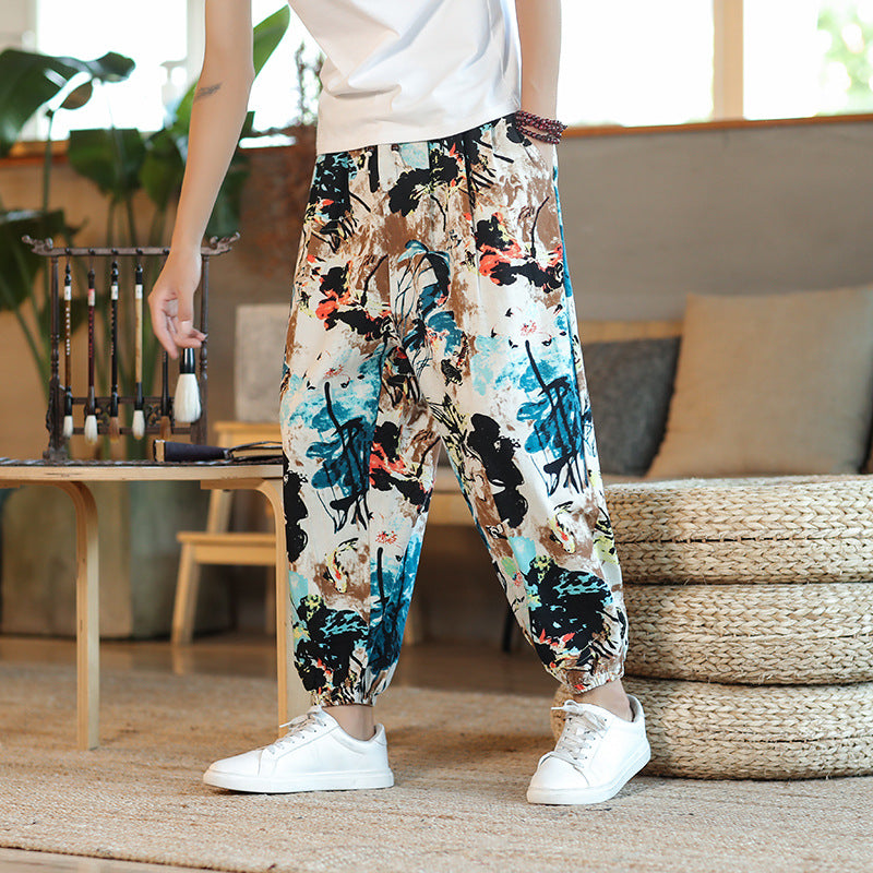 Pantaloni harem da uomo Valstrend, cotone e lino sottili e traspiranti, stile casual e cropped, visibili in dettaglio nell'immagine.