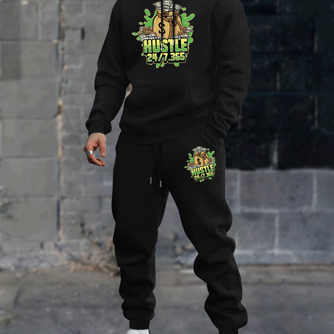 Completo uomo Valstrend con felpa e joggers in pile, stampa geometrica casual, con tasche e coulisse, adatto autunno/inverno