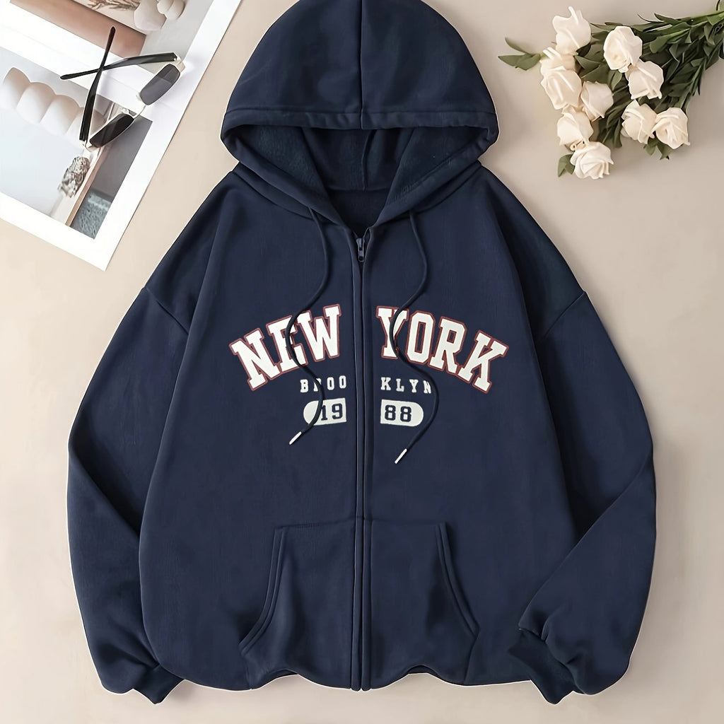 NEW YORK Print Zip-up Drawstring Hoodie, Casual Long Sleeve Slant Pockets Jacket, Women's Clothing