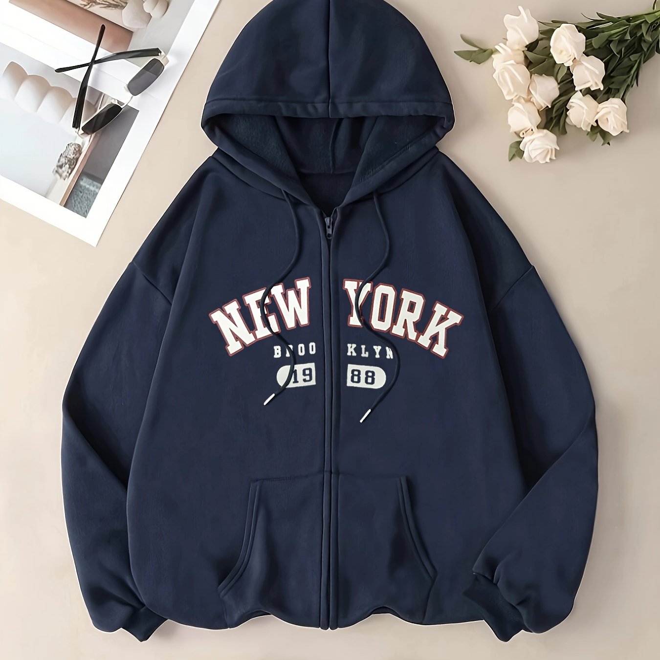 NEW YORK Print Zip-up Drawstring Hoodie, Casual Long Sleeve Slant Pockets Jacket, Women's Clothing