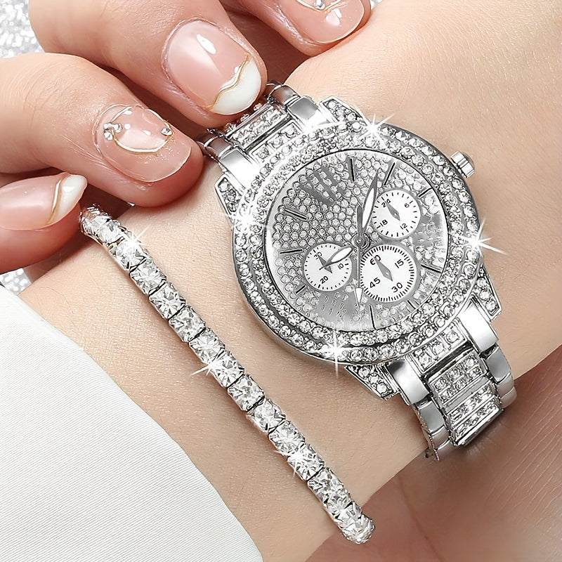 Lancetta rotonda in quarzo argentata e set di 5 gioielli in metallo, stilizzati e decorativi, per orologio e accessori moda.