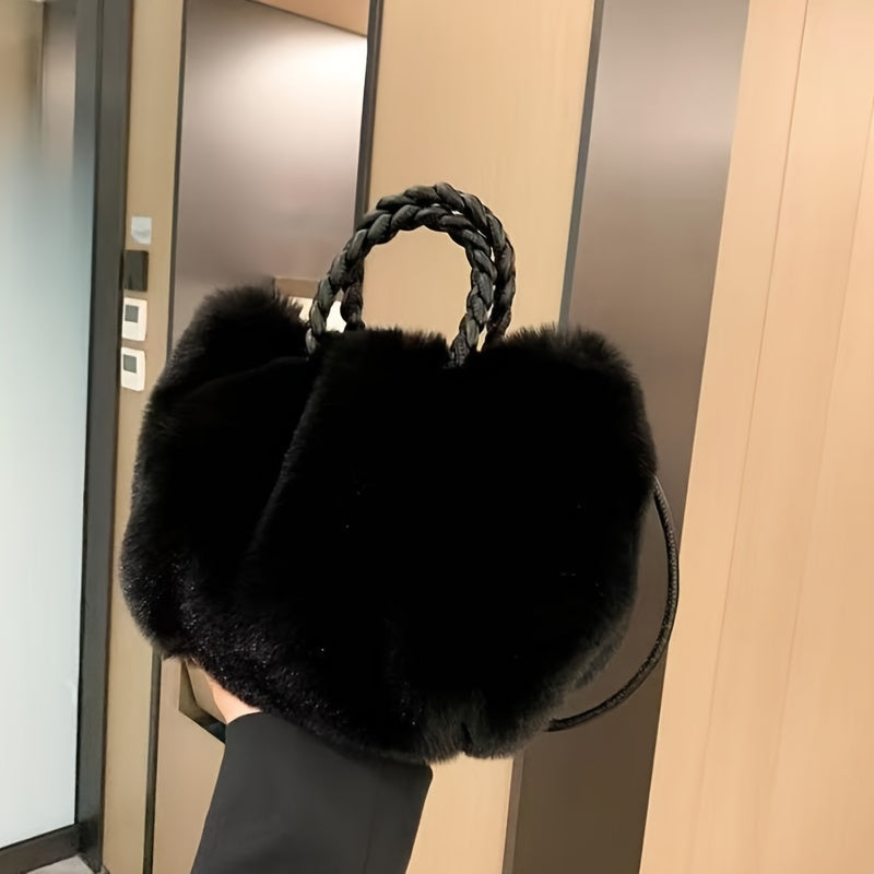 Chic Plush Mini Handbag for Women - Faux Fur, Zip Closure, Perfect for Fall/Winter Shopping & Outings - Available in Bright Pink, Light Grey, White, Black