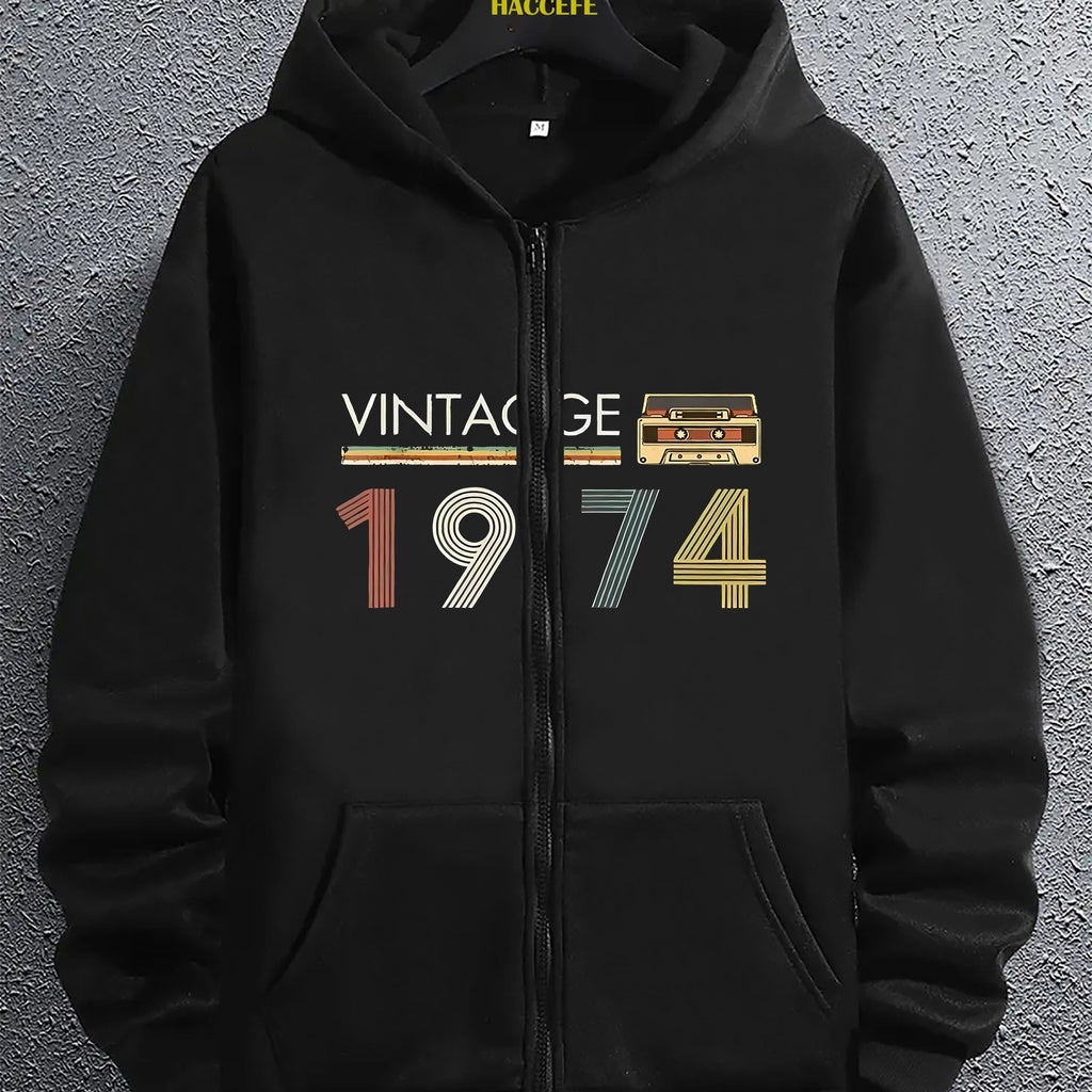 Felpa zip-up da uomo Valstrend con grafica radio retrò 1974, tasca kangaroo, maniche lunghe e stile casual per autunno e inverno