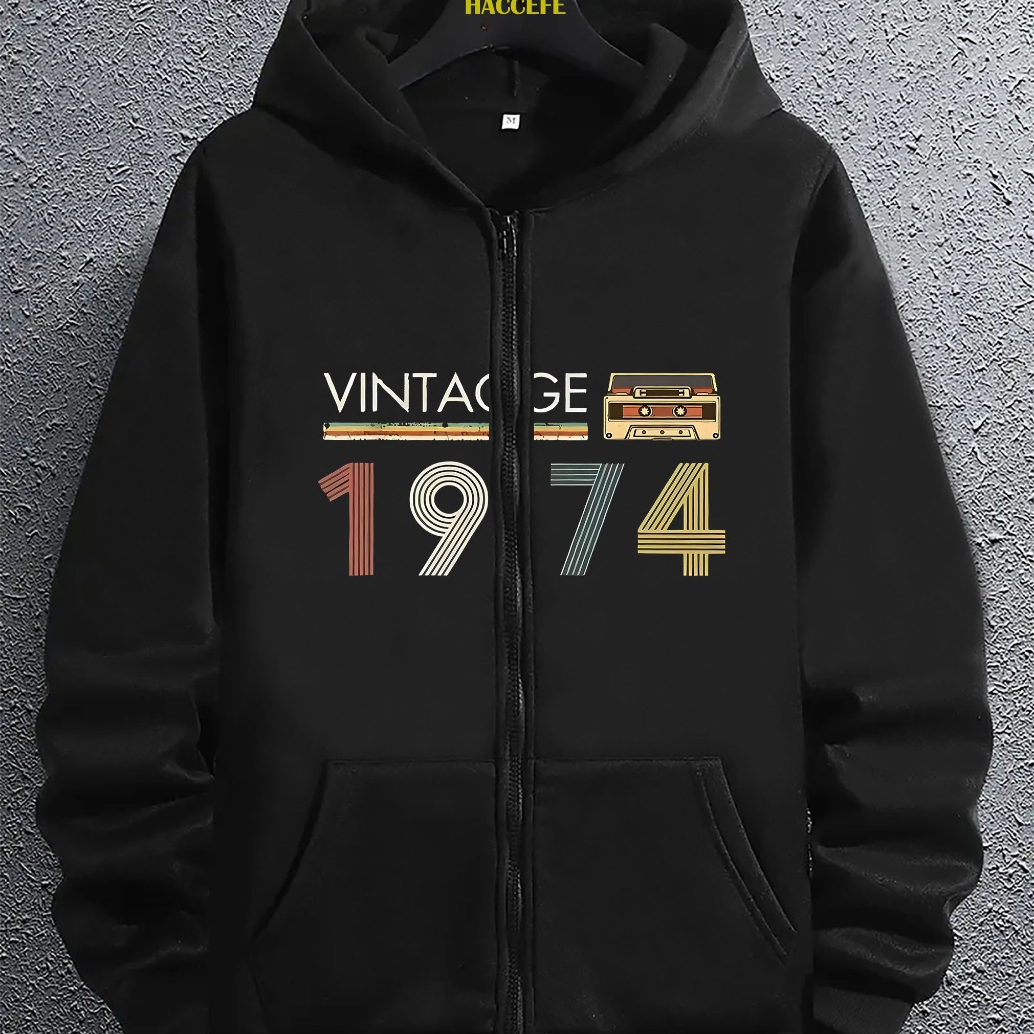 Felpa zip-up da uomo Valstrend con grafica radio retrò 1974, tasca kangaroo, maniche lunghe e stile casual per autunno e inverno