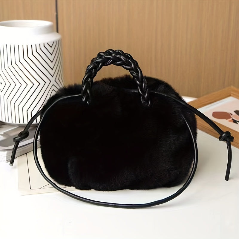 Plush Faux Fur Top-Handle Bag - Elegant Solid Color Crossbody Satchel, Versatile Autumn and Winter Fashion Shoulder Bag with Leather Lining and Secure Buckle Closure