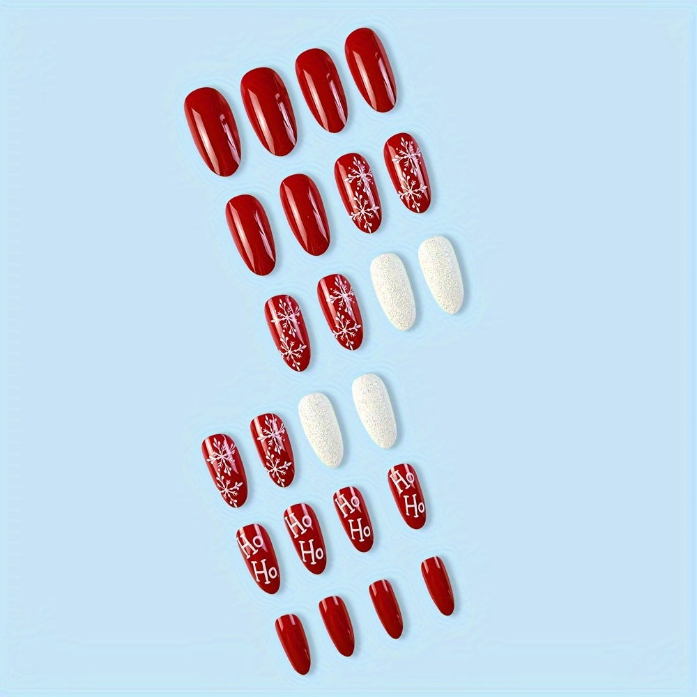 Set di 24 unghie finte a mandorla, design fiocco di neve natalizio, colori misti, finitura lucida e removibile con lima e colla.