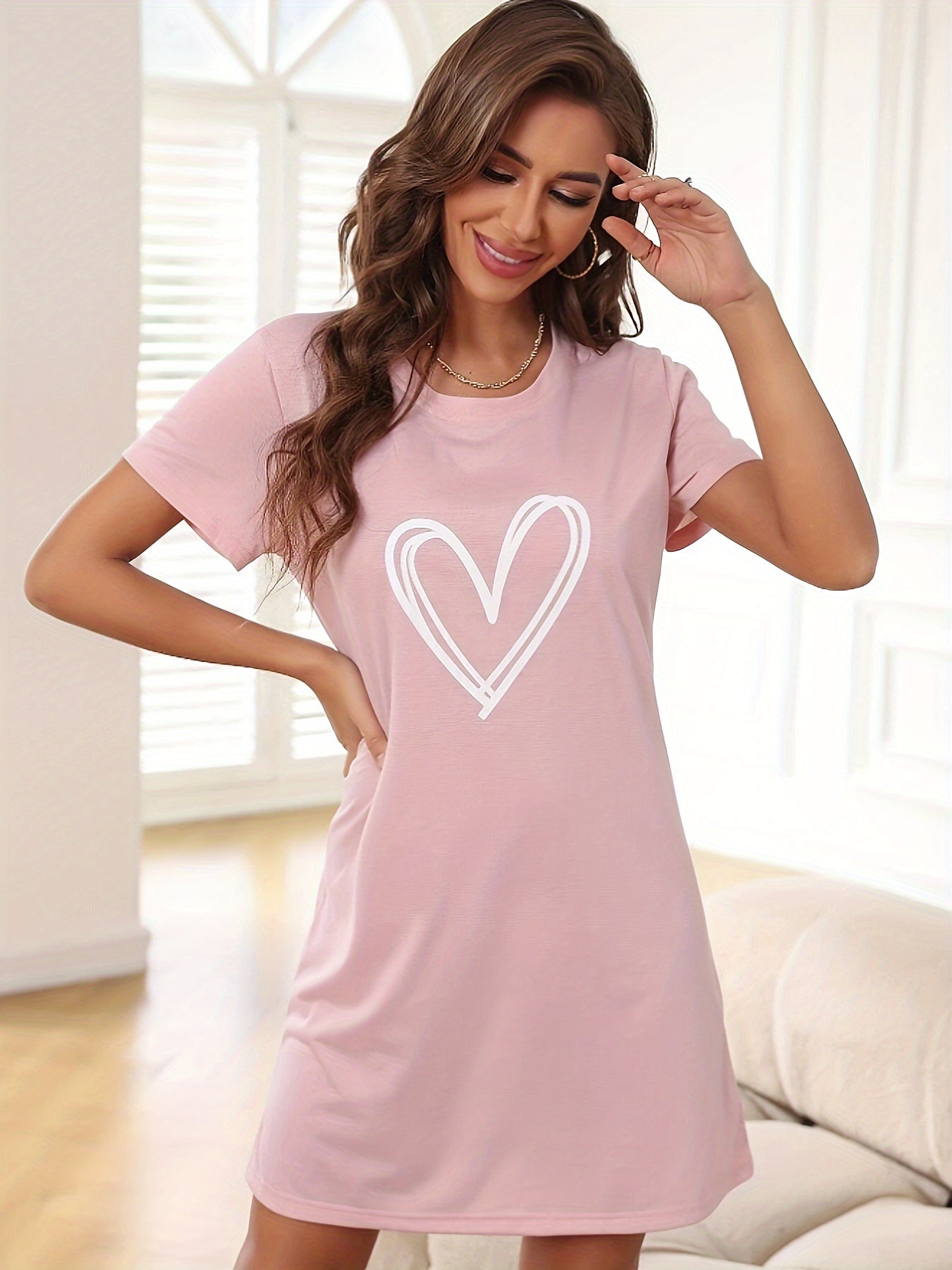 Heart Print Crew Neck Dress, Casual Short Sleeve Dress For Spring & Summer, Women's Clothing