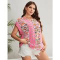 Top estivo etnico a maniche corte con scollo rotondo per donna, stile loose, marca Valstrend.