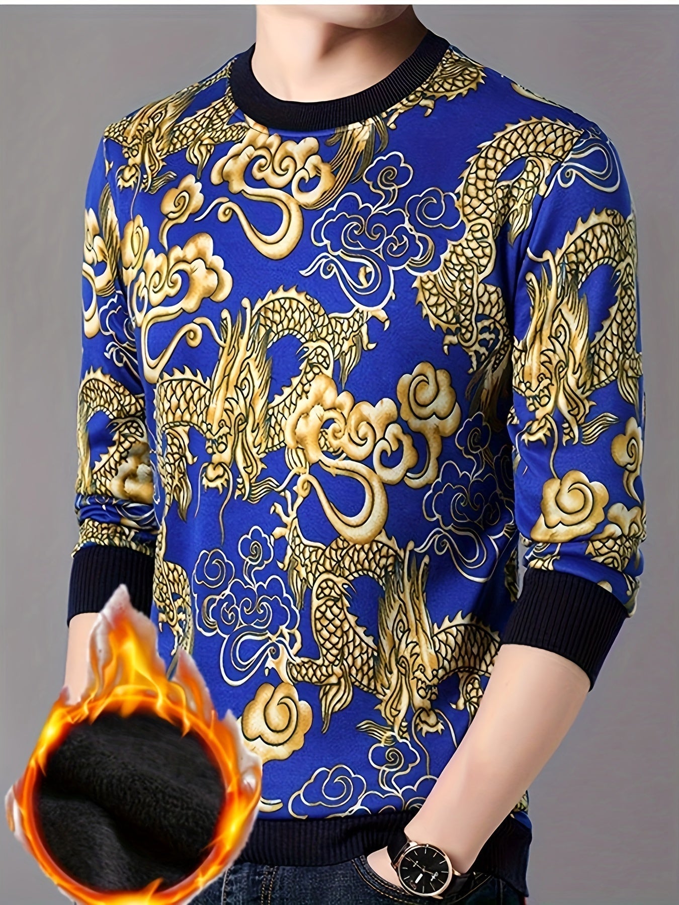 Maglione da uomo Valstrend con stampa drago, interno in pile caldo, collo rotondo, adatto per autunno e inverno, lavabile in lavatrice.