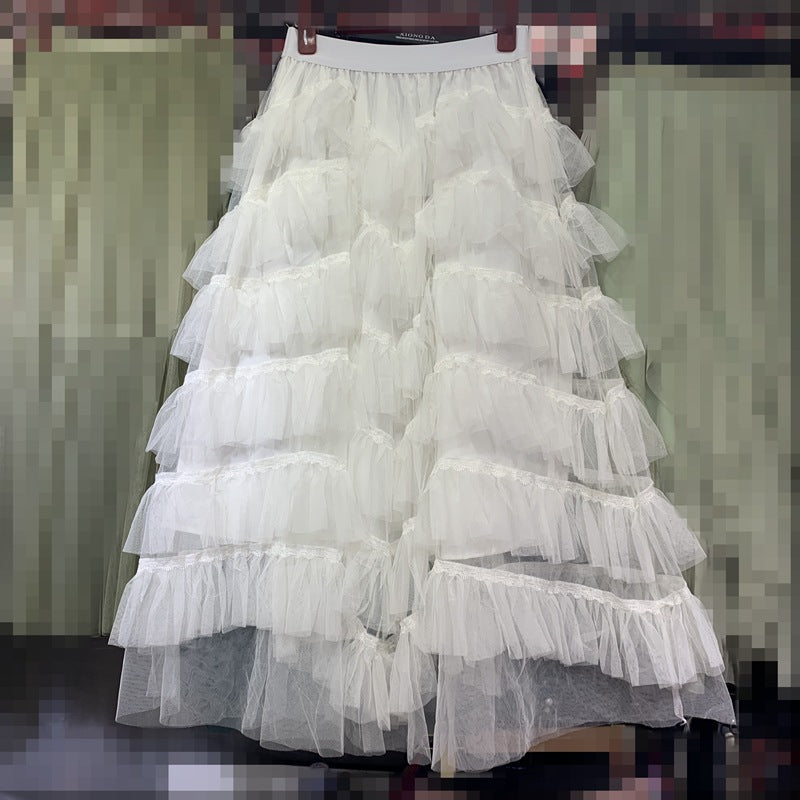 Gonna longuette a più strati con vita alta, pizzo e tessuto a rete a maglia di stile fiabesco, marca Valstrend.