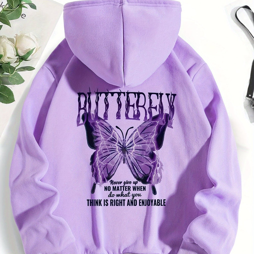1pc Y2K Letter Butterfly Print Hoodie Vintage Style with Drawstring And Front Print, Long Sleeve Polyester Knit Fabric for Casual Sports Wear