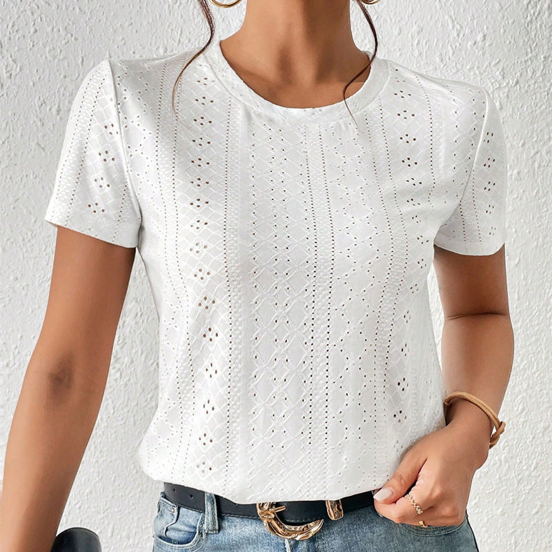 Maglietta donna Valstrend in cotone a maniche corte, tinta unita, con dettaglio traforato sul davanti, stile casual e alla moda