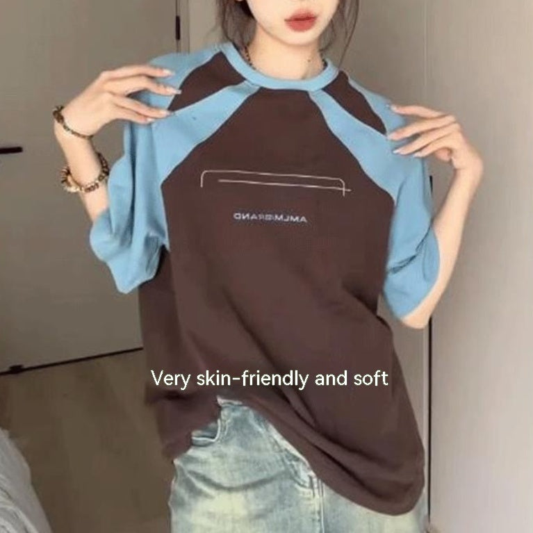 Women's Patchwork Raglan Sleeve Short Sleeve T-shirt Summer Loose 2023 New Design Sense Niche Half Sleeve Top