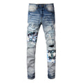Jeans da uomo bianchi con toppe a stelle stampate e strappi, marca Valstrend Shop.