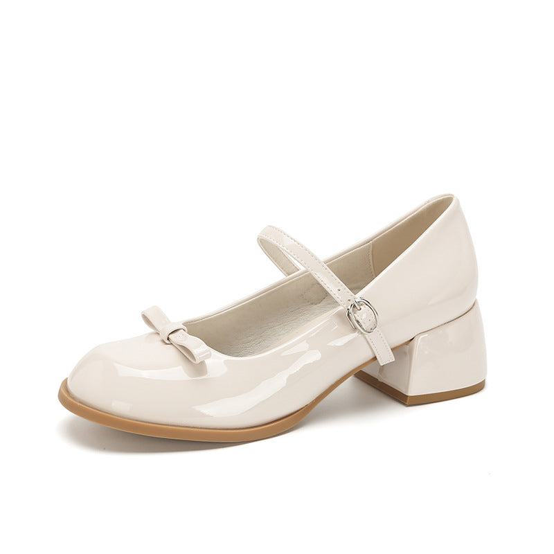 Scarpe Mary Jane francesi da donna Valstrend, con cinturino, tacco medio e tomaia in pelle nera, stile elegante e classico
