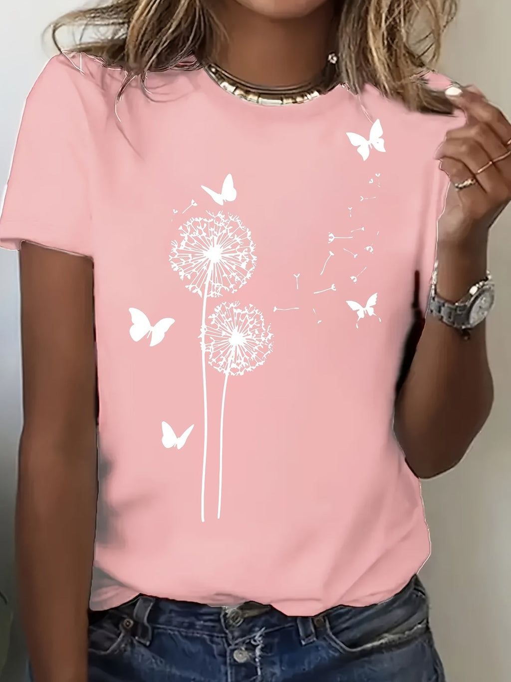 Maglietta donna Valstrend con stampa di Dandelion, maniche corte, collo rotondo, ideale per primavera ed estate.