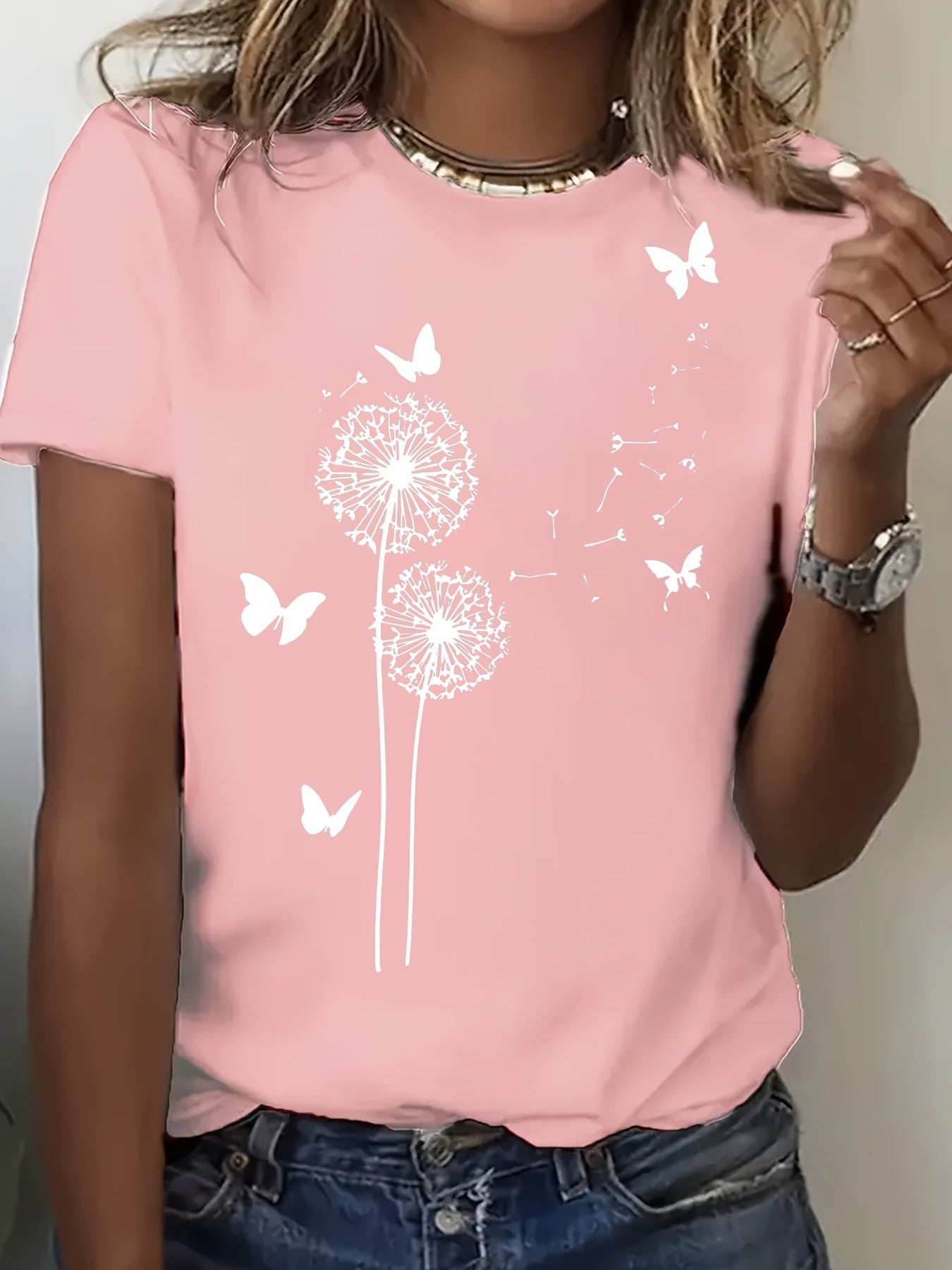 Maglietta donna Valstrend con stampa di Dandelion, maniche corte, collo rotondo, ideale per primavera ed estate.