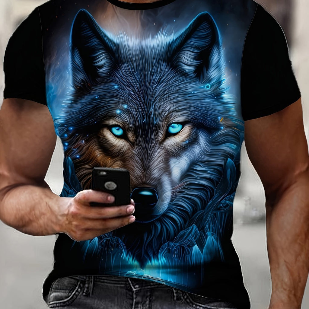 Maglietta da uomo Valstrend con stampa grafica di un lupo, maniche corte e collo rotondo, ideale per abbigliamento casual outdoor.