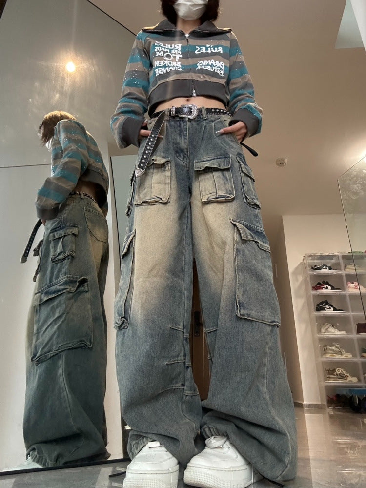 American Multi-pocket Workwear Jeans Women's Wide Leg Loose Washed Distressed Pants