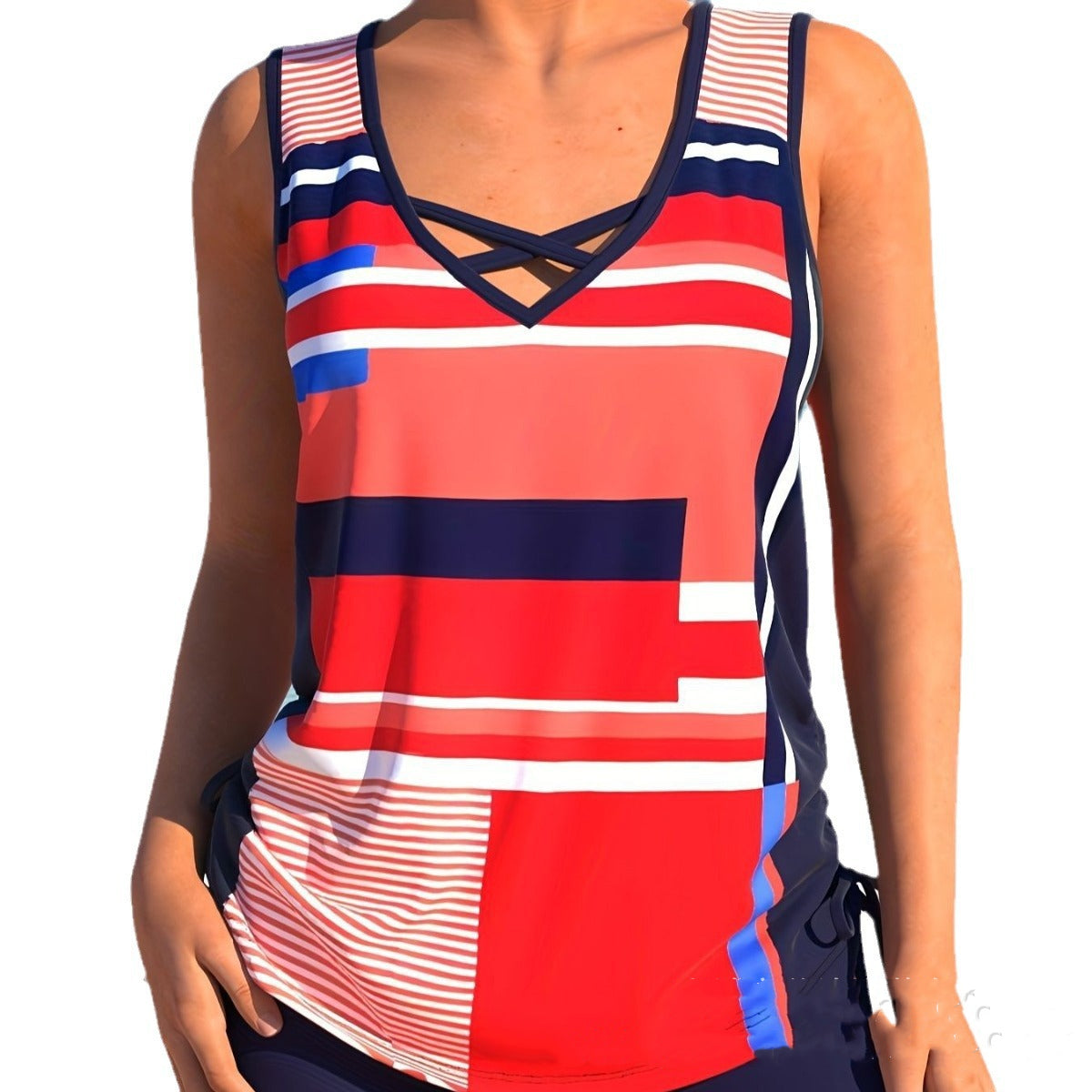 Costume da donna Valstrend con stampa, slip a pantaloncino diviso e scollo a V, ideale per il mare e il nuoto.
