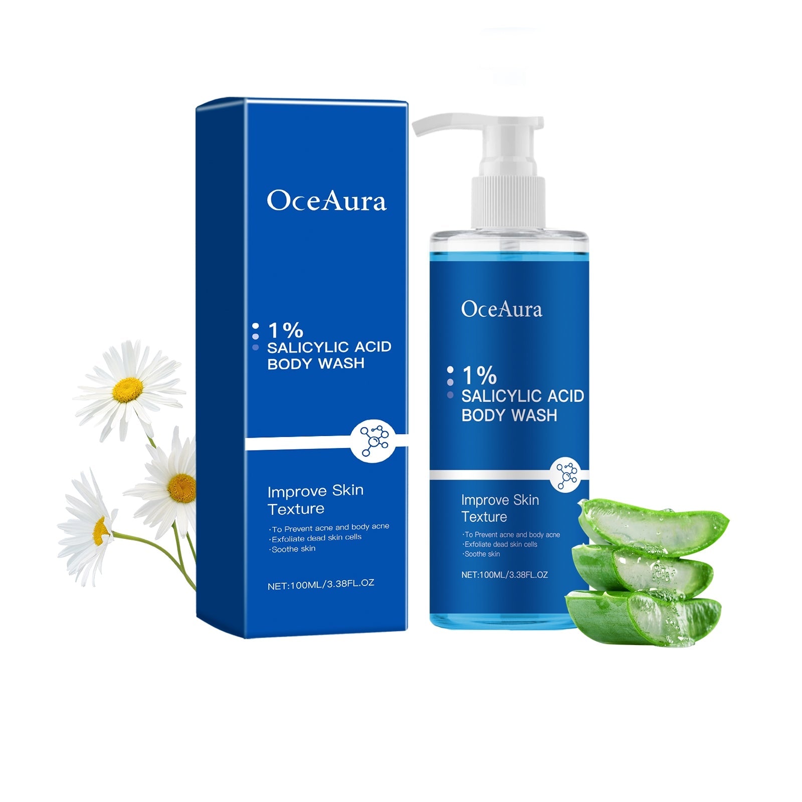 Gel doccia all'acido salicilico Valstrend, schiuma bianca con bottiglia di gel, ideale per la cura della pelle.