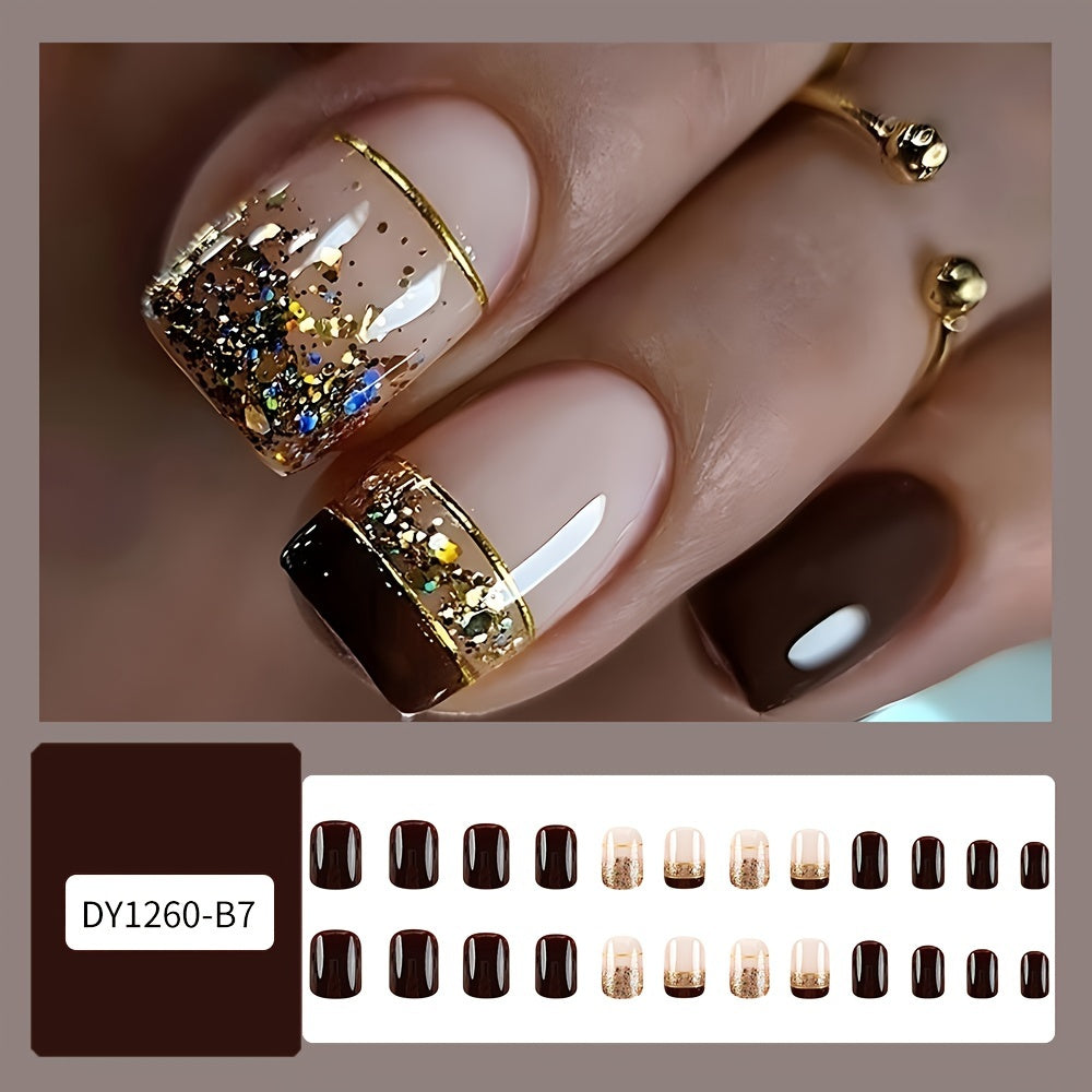 Smalti finte Valstrend con 24 pezzi di unghie short squoval lucide marroni con strisce dorate e glitter, per manicure artificiale femminile