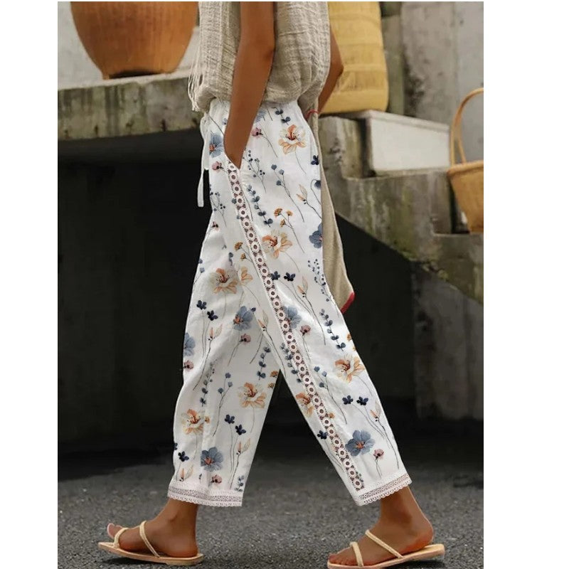 Pantaloni dritti con stampa e ricamo in pizzo, pantaloni casual Valstrend, tessuto leggero e stile elegante.